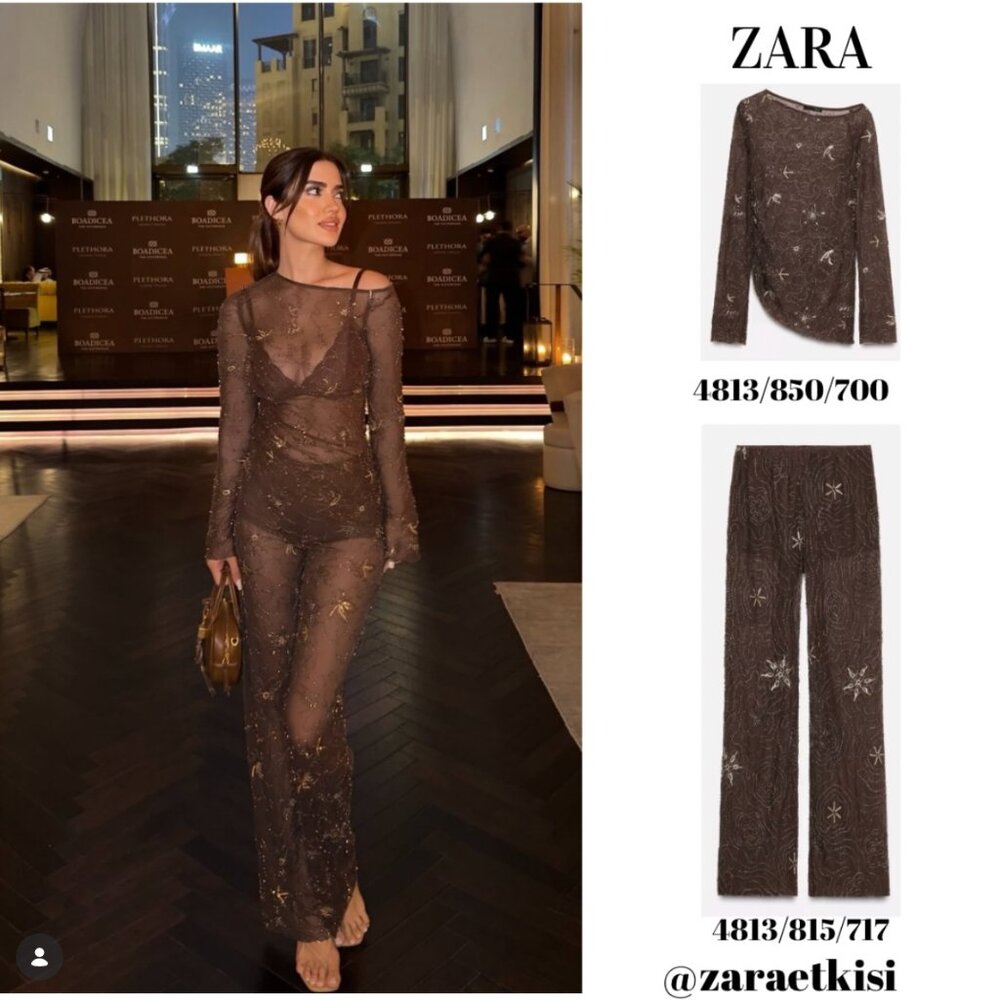 ZARA NWT FW25 BLACK BEADED SEQUIN EMBROIDERED DRAPED TULLE TOP & PANTS SET SMALL